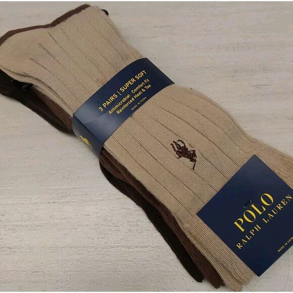 Polo Ralph Lauren Mens Brown Assorted Comfort Fit 3-Pack Crew Socks Size 10-13 - Picture 4 of 11